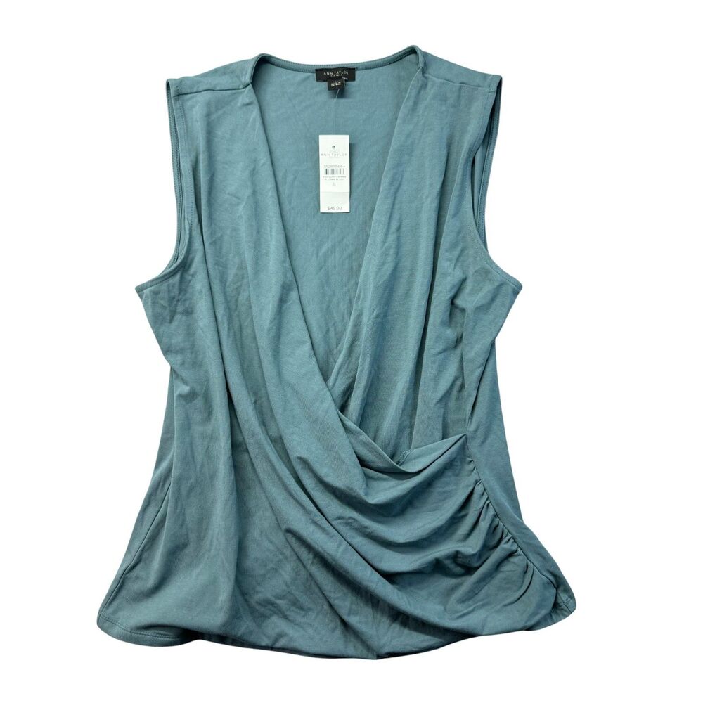 Ann Taylor Top Womens Large Blue Sleeveless Crossover Draped Ruched V-Neck NWT